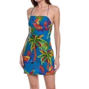 Farm Rio Blue Sunny Day Printed Linen-blend Mini Dress